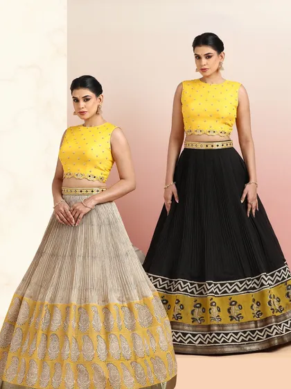 This image showcases two ways to style our yellow embellished blouse, with a black lehenga and a beige paisley lehenga, highlighting its versatility.