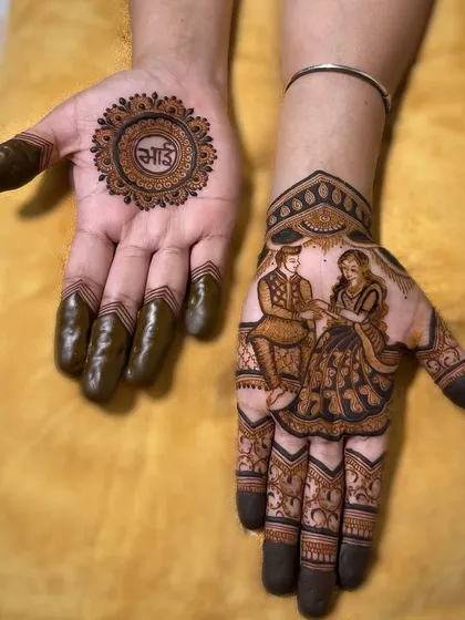 A special design for Raksha Bandhan. One hand features a portrait of a brother and sister, while the other has a simple, elegant mandala with the word 'Bhai' (brother) at its center.
