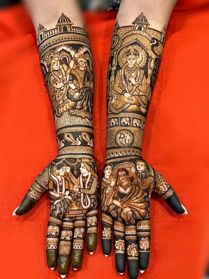 A grand design featuring portraits of Ram-Sita, a wedding ceremony, and family members.