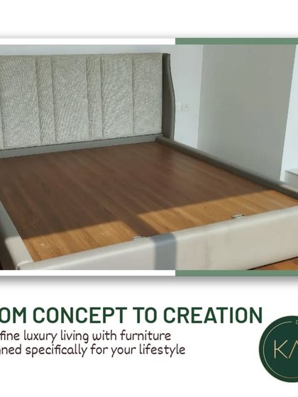 This bed features a gently curved headboard with textured upholstery, framed by a sleek, light-colored base. It's a perfect example of how we create furniture that is both modern and inviting.