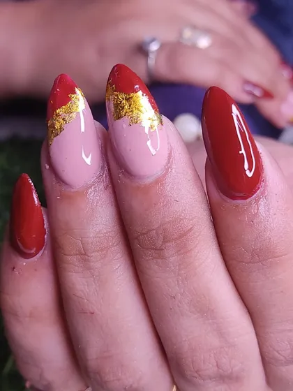 A closer look at this striking red and gold foil design.
