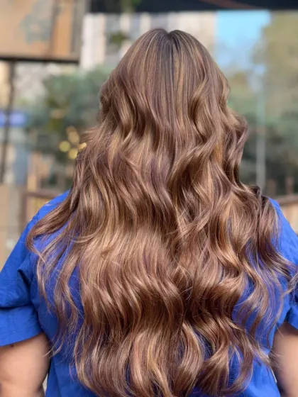 The back view of long hair with Ash Brown Highlights. This angle showcases the depth, dimension, and effortless shine of the color.
