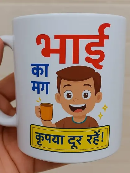 For a fun and relatable gift, I offer custom printed mugs like this "Bhai ka Mag". It's a perfect example of how I can add a touch of local flavor and humor with Hindi text to make your gift stand out.