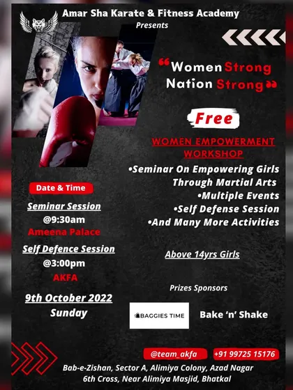 I offer specialized workshops like this one, "Women Strong Nation Strong," designed to empower girls and women through martial arts. These free events include seminars and practical self-defense sessions to build confidence and community.