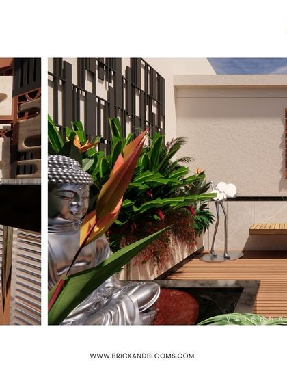 A close-up of our design for a tranquil terrace corner. This concept features a Buddha statue, a sleek bench, and artistic wall panels, blending spiritual calm with modern aesthetics.