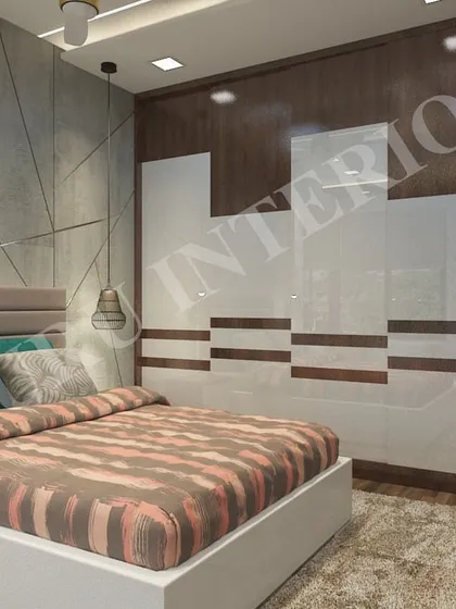 A 3D concept for a bedroom showcasing a modern wardrobe design with a mix of wood and white gloss finishes. The geometric pattern adds a dynamic touch to the storage unit.
