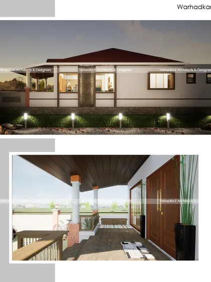 A collage showing the exterior and porch details of the 'Warhadkar's House'. The design emphasizes welcoming, semi-open spaces that are characteristic of traditional Indian homes.