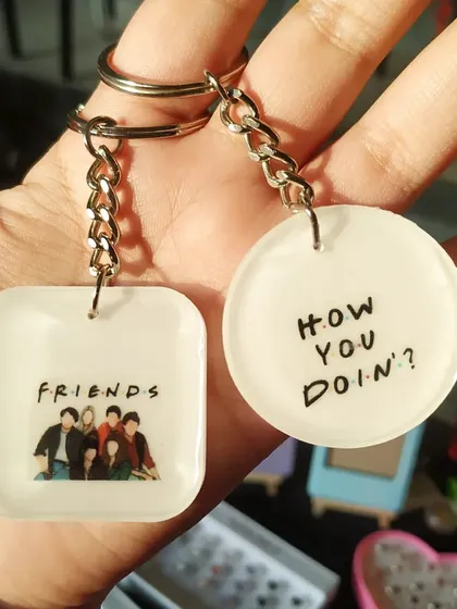 For all the F.R.I.E.N.D.S. fans out there, I made these fun keychains. One features the iconic logo and cast photo, and the other has Joey's classic line, "How you doin'?".