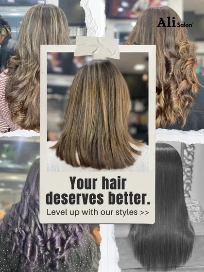 Your hair deserves better than an average style. This collage shows a range of transformations, from purple waves to sleek, dark hair, encouraging you to level up your look with my help.