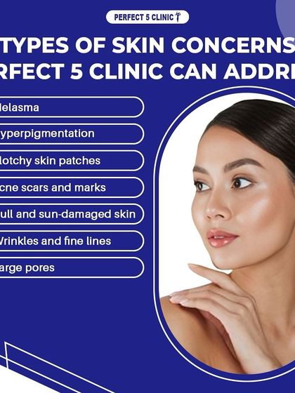 This graphic lists the wide range of skin concerns we can address at our clinic. From melasma and hyperpigmentation to wrinkles and large pores, we have a treatment to help you achieve radiant skin.