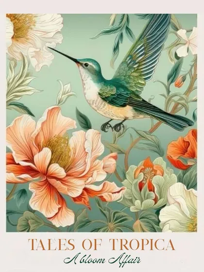 The theme board for 'Tales of Tropica', an artful illustration of a hummingbird and tropical flowers.