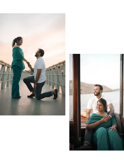 A collage from a shoot at Raffles Udaipur, featuring a classic proposal on one knee and an intimate moment on a boat. It shows the variety of romantic scenarios we can capture at a single destination.