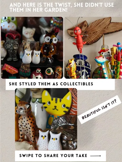 I was so happy to see how a customer used my owl miniatures and ant stake not in a garden, but as part of her beautiful collectibles display. It shows how these little pieces can tell stories anywhere in your home.