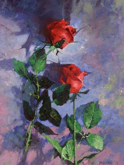 A beautiful still life of red roses, demonstrating how oil paints can be used to create realistic textures and dramatic lighting.