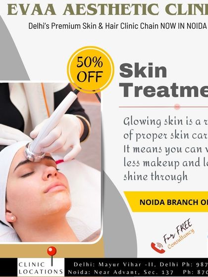 This graphic promotes a 50% discount on skin treatments at our Noida branch, emphasizing that glowing skin is the result of proper care.