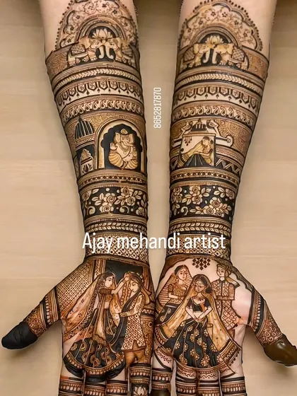 The completed family portrait design. The figures of the bride, groom, and parents are brought to life with detailed shading and traditional patterns.