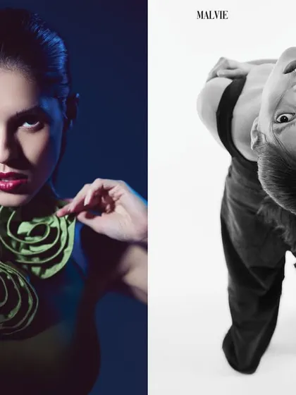 A creative layout for Malvie Magazine from the 'Ecstasy/25' series, pairing a colorful fashion shot with a disorienting upside-down black and white portrait.
