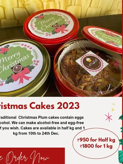 An announcement for my 2023 Christmas Plum Cakes, available for pre-order. I highlight that I can make them with or without eggs and alcohol, and that I deliver them across India.