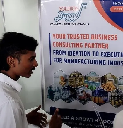 A member of our team in a one-on-one discussion at our booth, providing expert advice to an aspiring entrepreneur at the Global Bio India 2024 event.