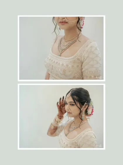 A diptych of the bride, showing close-ups of her jewelry and her graceful pose.