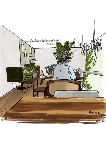 A quick urban sketch from inside a botanical cafe. I love doing live sketches on my iPad, capturing the people and plants around me to freeze a moment in time.