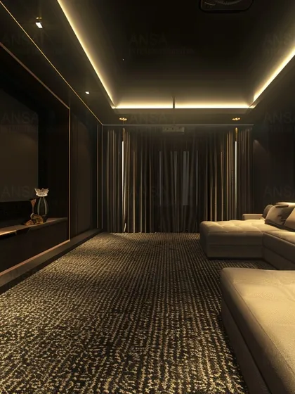 A home theater should be an immersive escape. In this design, I used a moody, dark color palette, plush, comfortable seating, and carefully placed ambient lighting to create the ultimate cinematic experience. The soundproofing and layout are engineered for perfect acoustics, making it a true private cinema.