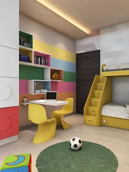 Inspired by LEGO blocks, this vibrant kids' room features a colorful wardrobe and a yellow bunk bed with a staircase. The integrated desk and shelving provide a perfect spot for homework and hobbies.