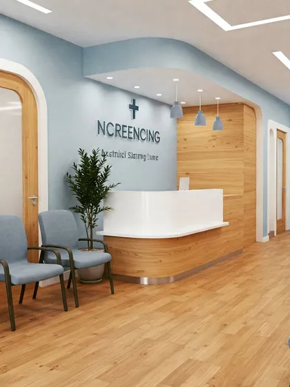 A clinic reception that combines warm wood flooring and a curved wood-paneled desk with calming blue walls. The design is simple, clean, and professional.