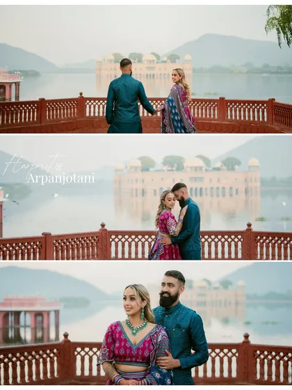 Harpreet and Arpanjot in stunning traditional attire at Jal Mahal. The contrast of their colorful outfits against the serene backdrop of the lake and palace creates a breathtaking image.