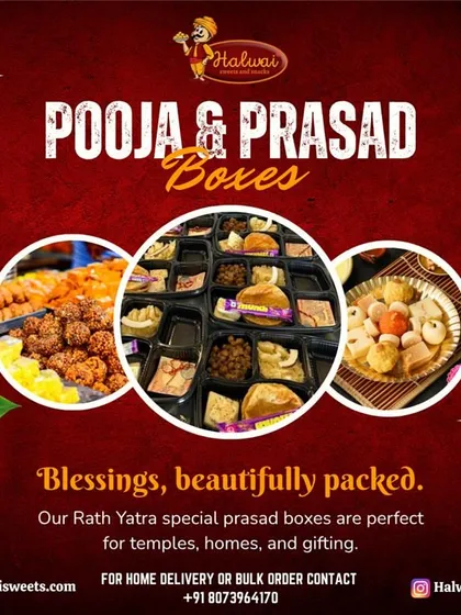 Our Rath Yatra special prasad boxes are perfect for temples, homes, and gifting. These beautifully packed blessings contain an assortment of traditional sweets and savories.