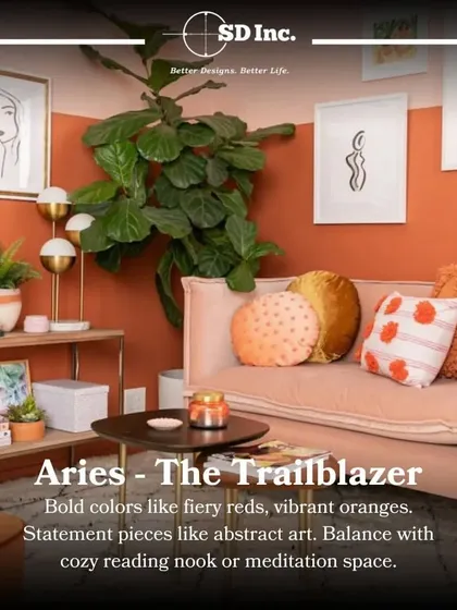 Zodiac interiors for Aries, the trailblazer. Bold colors like fiery reds and oranges, with statement pieces and a cozy nook for meditation or reading.