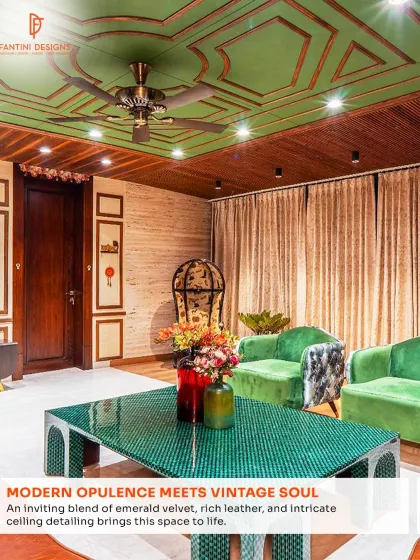 Another look at this opulent living room, highlighting the emerald green accents and the custom-designed coffee table. The play of textures creates a space with deep character.