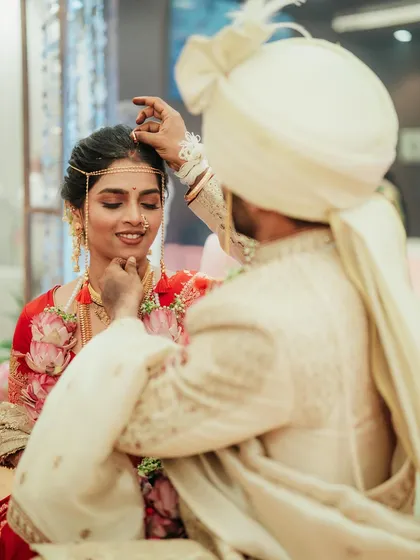 An intimate moment between the bride and groom during the ceremony.