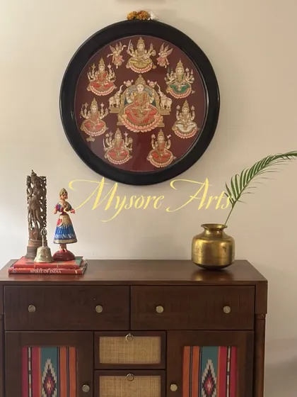 We love seeing our art become a part of your sacred spaces. This round Ashtalakshmi painting, featuring the eight forms of the Goddess of wealth, brings a traditional and elegant focus to our client's beautiful home.