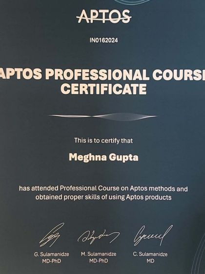 I am proud to have received the APTOS Professional Course Certificate after completing advanced thread lift training in Tbilisi, Georgia. This commitment to continuous learning ensures I can provide the best and most natural-looking results for you.
