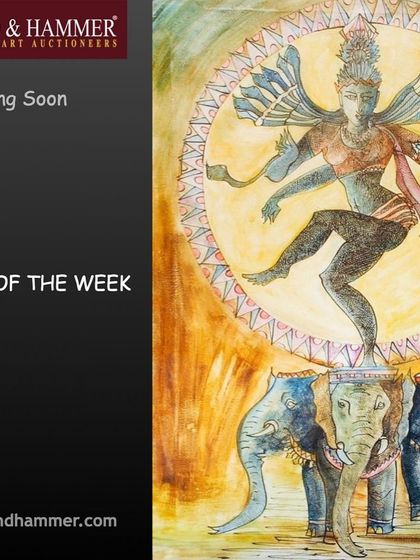 A 'Coming Soon' teaser for an upcoming 'Auction of the Week'. We build anticipation by giving our clients a glimpse of the featured artwork, in this case, a powerful painting of a dancing deity.