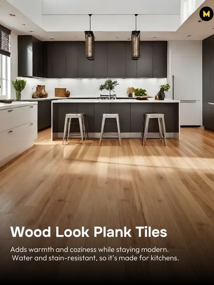 Wood-look plank tiles offer the warmth and coziness of wood but with the durability of tile. They are water and stain-resistant, making them a practical and stylish choice for modern kitchen floors.