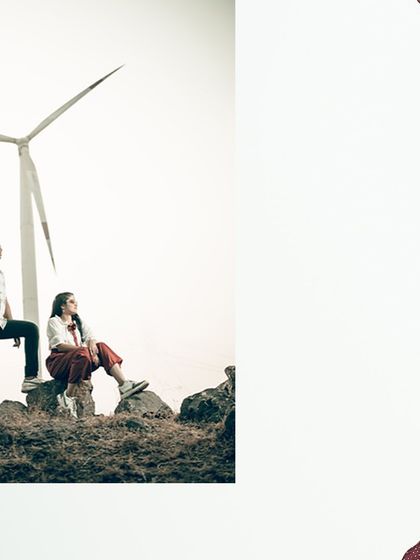 A collage from a pre-wedding shoot at a location with windmills, blending playful and posed shots.