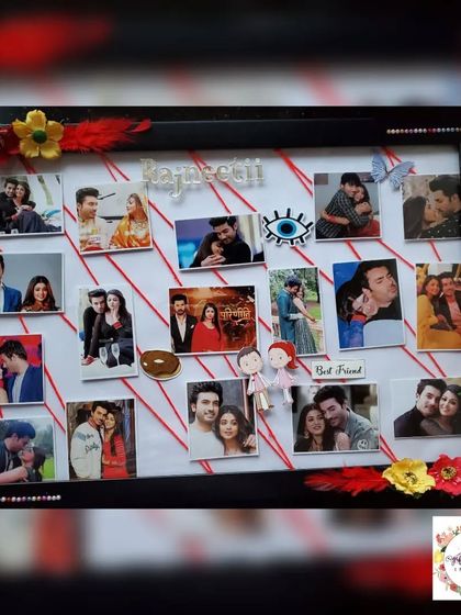 A handmade frame for the on-screen couple 'Rajneetii', decorated with red feathers and flowers to match the romantic theme.