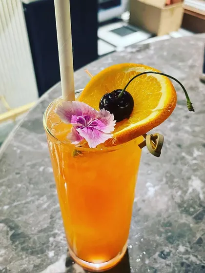 A classic orange-based cocktail, beautifully garnished with an orange slice, a cherry, and an edible flower. This shows that even simple, classic drinks get our full artistic attention.