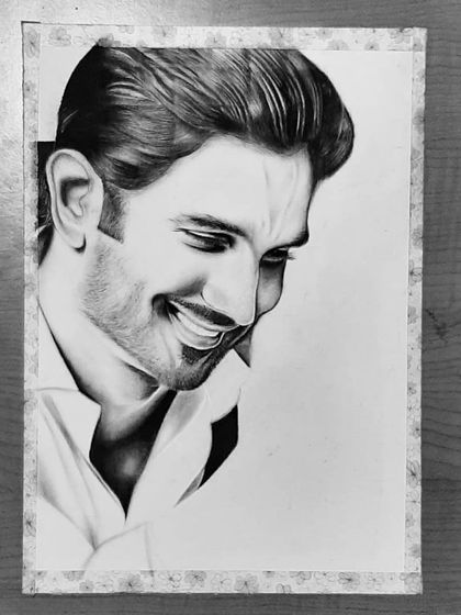 A gallery showing the creation of my tribute to Sushant Singh Rajput. Each image shows a different stage, from the initial sketch to the final emotional portrait.