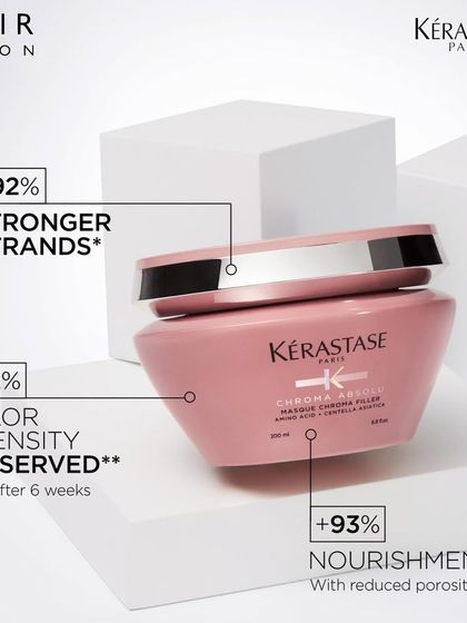 Stronger strands and preserved color intensity are key for healthy colored hair. I trust and recommend products like this Kérastase Chroma Absolu Masque to my clients for at-home care.