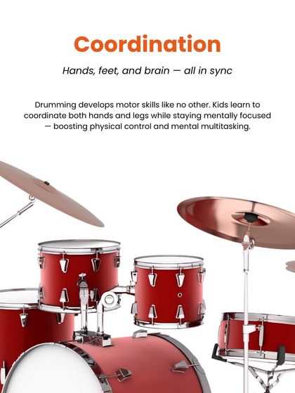 Drumming is fantastic for developing coordination. Our lessons are structured to help kids sync their hands, feet, and brain, improving motor skills and mental multitasking.