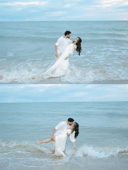 A collage capturing a dramatic dip and a passionate kiss in the gentle waves of the Thai sea. The flowing dress in the water adds a beautiful, ethereal quality to the photos.