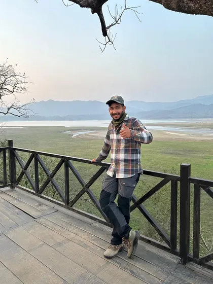 A thumbs-up from a viewpoint in Dhikala, Corbett. A successful safari and happy clients are what it's all about.