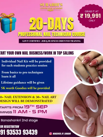 Here are all the details for my 20-day professional nail technician course. It is a job-oriented program with government certification, designed to help you start your own business or work in a top salon. I've included everything from the course fee to the start date.