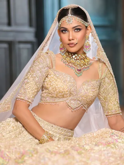 A seated portrait that highlights the intricate embroidery of the lehenga and the soft, glowing makeup. This look is all about quiet confidence and elegance.