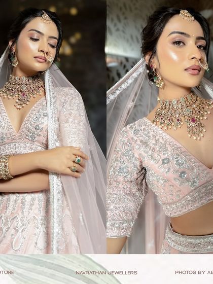 Twirl into a fairytale with this baby pink bridal lehenga. I designed it with intricate horse embroidery on the raw silk skirt and paired it with a heavily handworked blouse and a delicate net dupatta for a truly heavenly look.