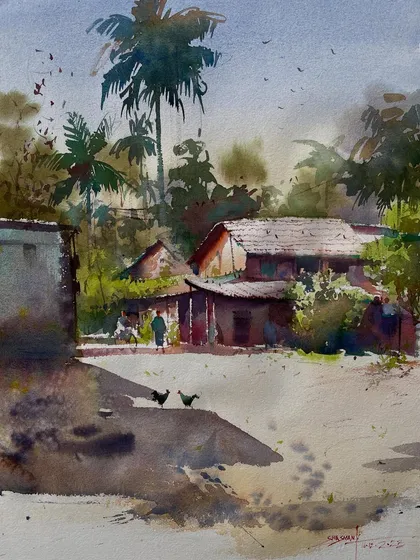 This watercolor landscape captures the feeling of a hot, dusty afternoon in a village. The long shadows and warm colors help to set the mood of the scene.