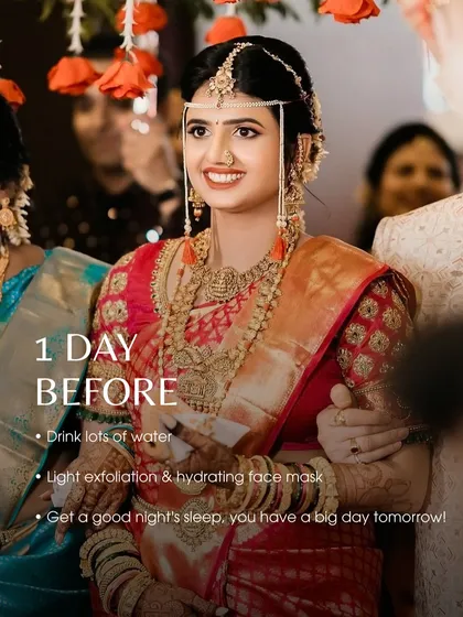 The day before your wedding is all about hydration and rest. Drink lots of water, use a gentle face mask, and get a good night's sleep. You've got this!